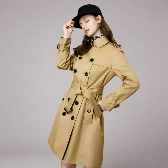 beige trench coat with black buttons