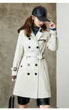 beige trench coat with black buttons 