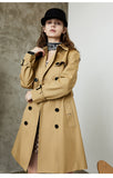 beige trench coat with black buttons 