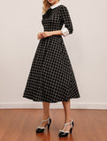 Fashion Women Casual 3/4 Sleeves Swing Dress Retro Vintage Style Checker Dresses