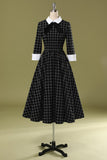 Fashion Women Casual 3/4 Sleeves Swing Dress Retro Vintage Style Checker Dresses