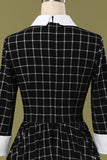 Fashion Women Casual 3/4 Sleeves Swing Dress Retro Vintage Style Checker Dresses