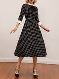 Fashion Women Casual 3/4 Sleeves Swing Dress Retro Vintage Style Checker Dresses