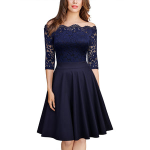 Plus size Women Off Shoulder Casual Lace Dress 3/4 Sleeve Swing Red Blue Formal