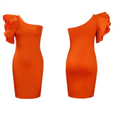 Women Fashion Ruffle One Shoulder Dresses Slim Knee Dresses Yellow Green Orange Red