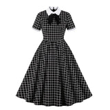 Fashion Women Casual 3/4 Sleeves Swing Dress Retro Vintage Style Checker Dresses