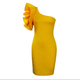 Women Fashion Ruffle One Shoulder Dresses Slim Knee Dresses Yellow Green Orange Red