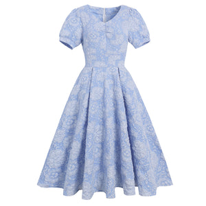 Jacquard Dresses for Women Party Wedding Short Dress Sweet Short Sleeves Blue