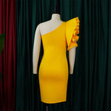 Women Fashion Ruffle One Shoulder Dresses Slim Knee Dresses Yellow Green Orange Red