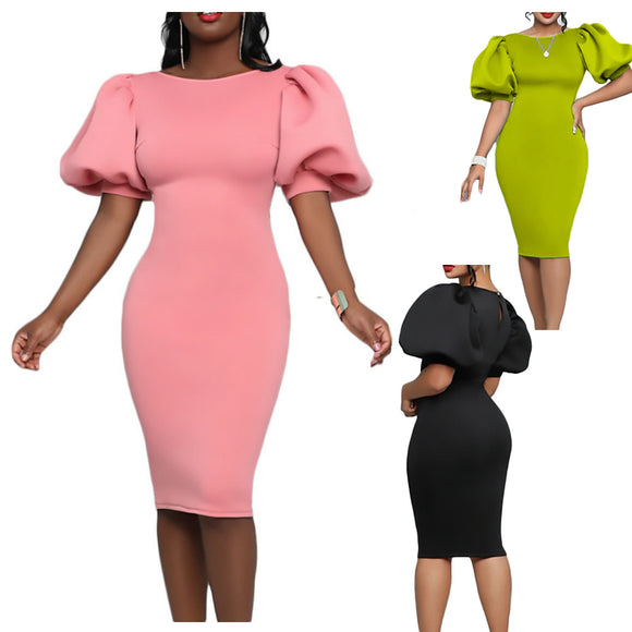 Women Fashion Puff Sleeve Dress Knee Length Fit Dress Pink Black Green Dresses