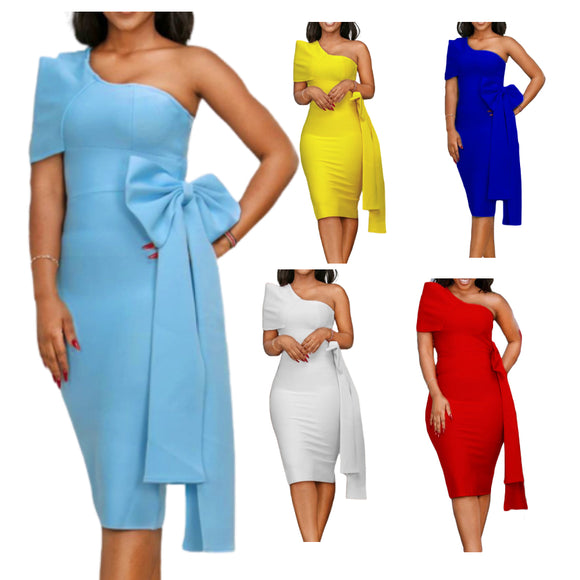 Fashion Women Slim Fit Bow Dresses One Shoulder Sexy Dress Party Cocktail Dress