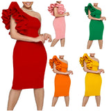 Women Fashion Ruffle One Shoulder Dresses Slim Knee Dresses Yellow Green Orange Red