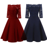 Plus size Women Off Shoulder Casual Lace Dress 3/4 Sleeve Swing Red Blue Formal