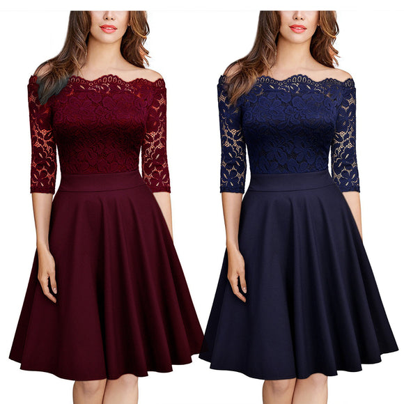 Plus size Women Off Shoulder Casual Lace Dress 3/4 Sleeve Swing Red Blue Formal