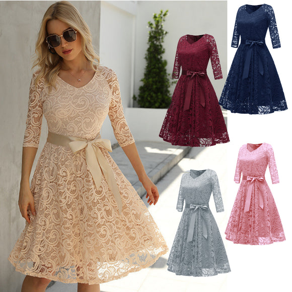 Plus Size Casual Lace 3/4 Sleeve Swing Red Pink Beige Blue Grey Formal Dress