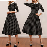 Fashion Women Casual 3/4 Sleeves Swing Dress Retro Vintage Style Checker Dresses